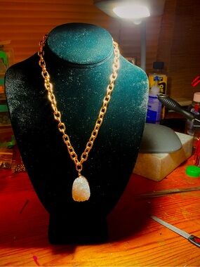 Gold Chain Necklace with White Druzy Pendant